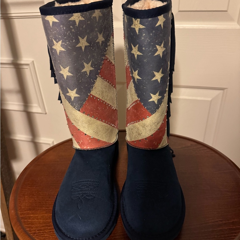 Montana West Blue and Red Winter Boots with American Flag Design